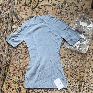 Wolford Light Blue Ribbed Cashmere Short-Sleeve Knit Top